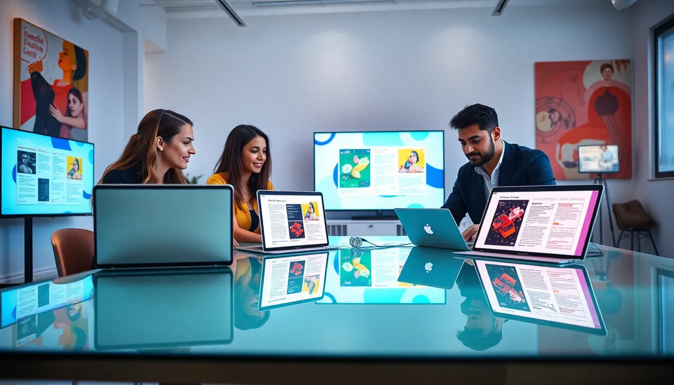diverse team collaborating on digital zines in a modern office.