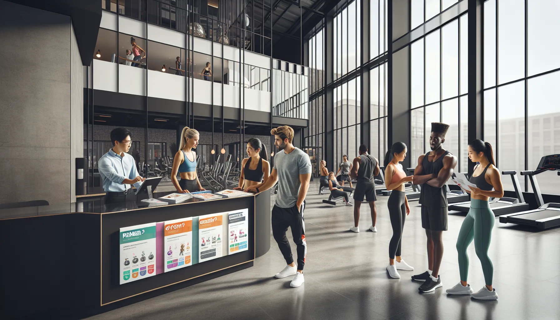 diverse group discussing gym options in a modern setting.