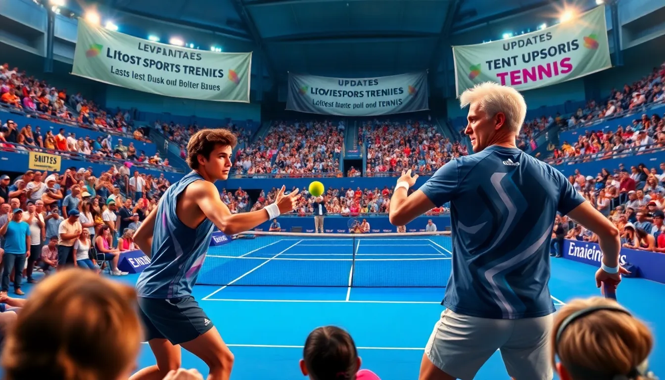 action-packed tennis match featuring a young player and a seasoned competitor.