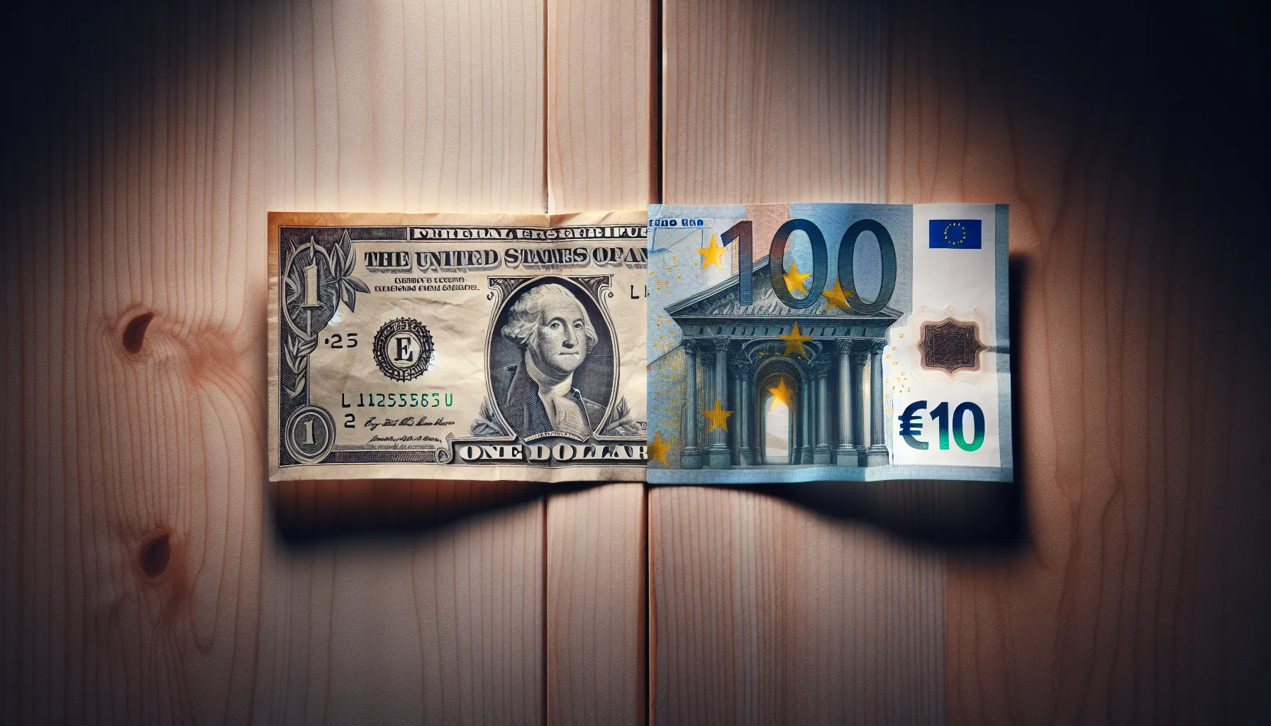 US dollar and euro banknotes placed side-by-side for comparison.
