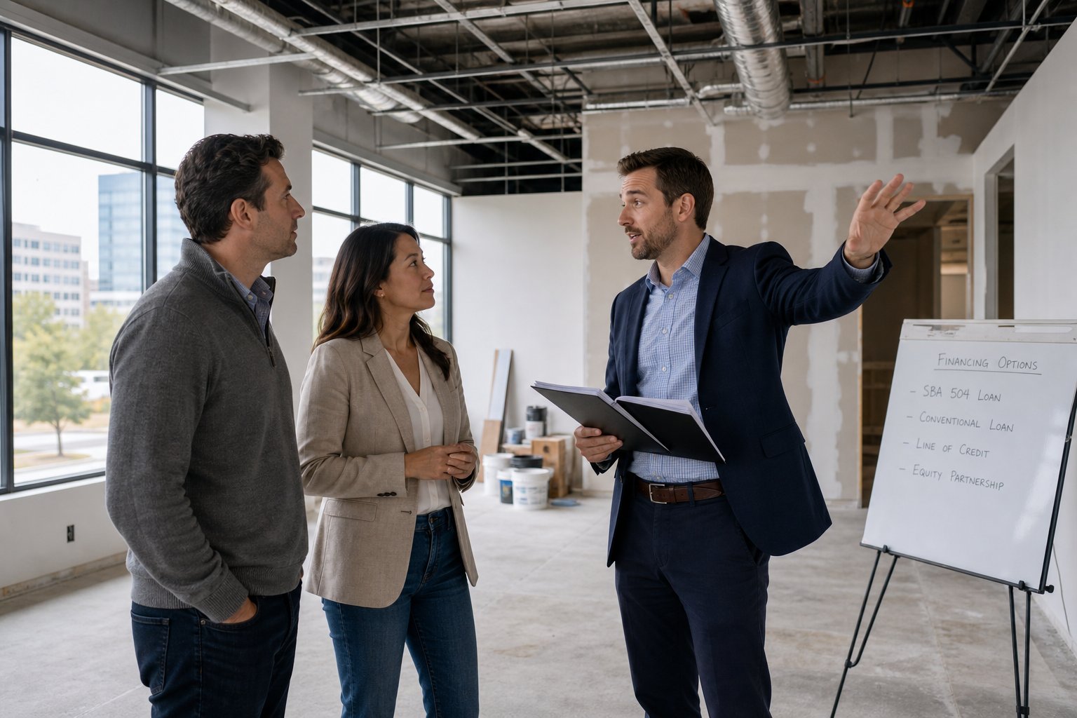 Commercial mortgage broker speaking with business partners inside a partially renovated office space.