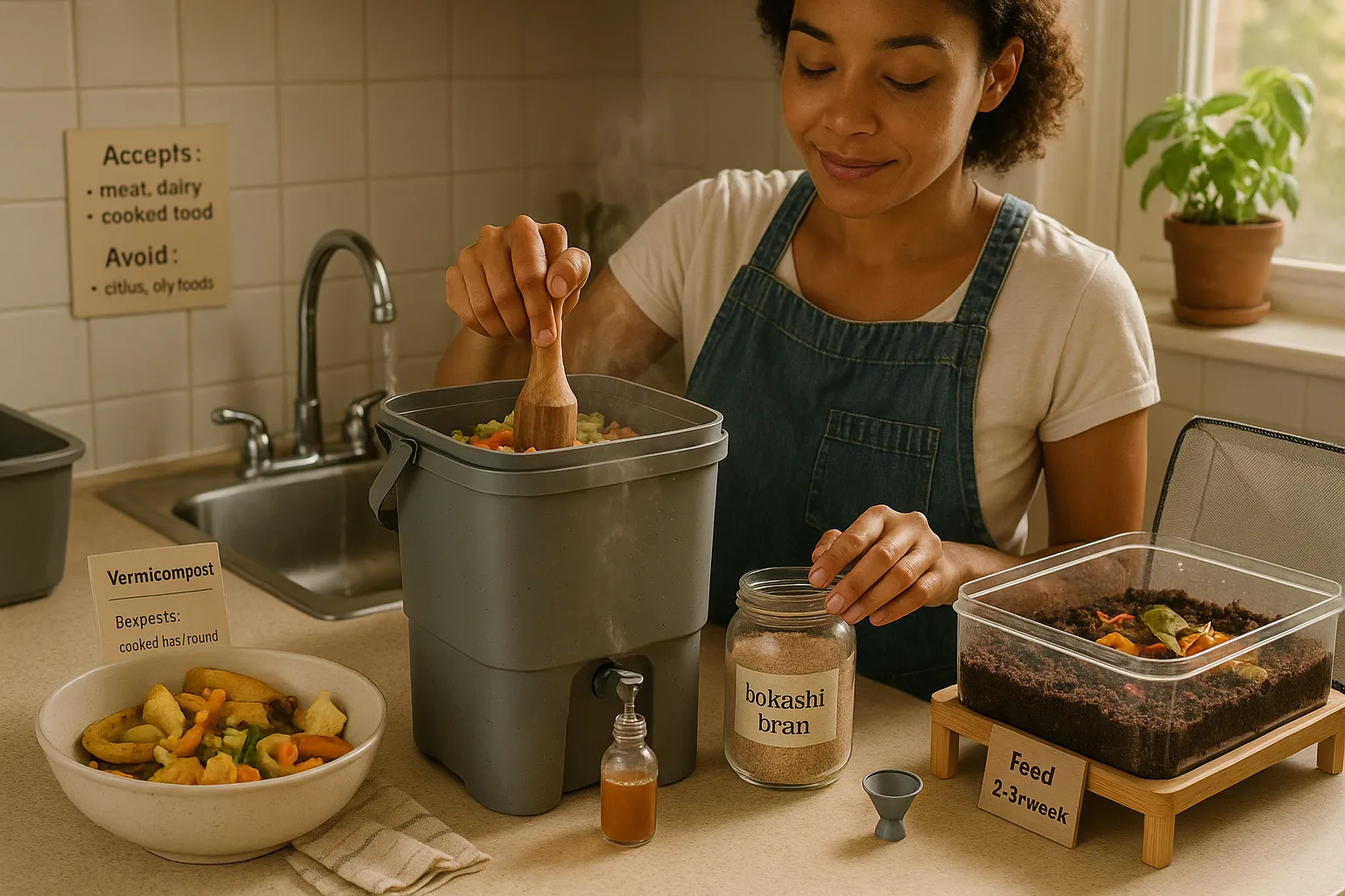 Woman sealing a bokashi bucket beside a transparent worm compost bin.