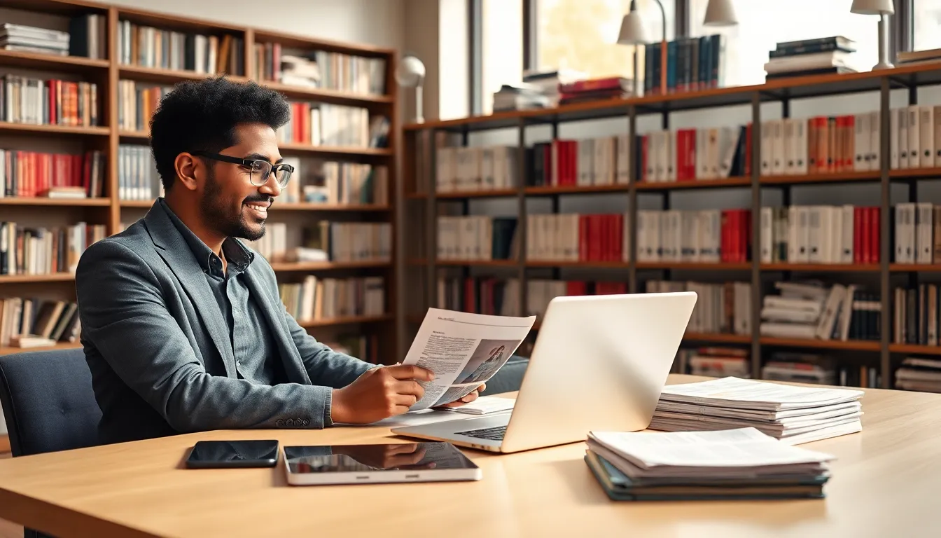 journalist analyzing world news articles in a modern office.