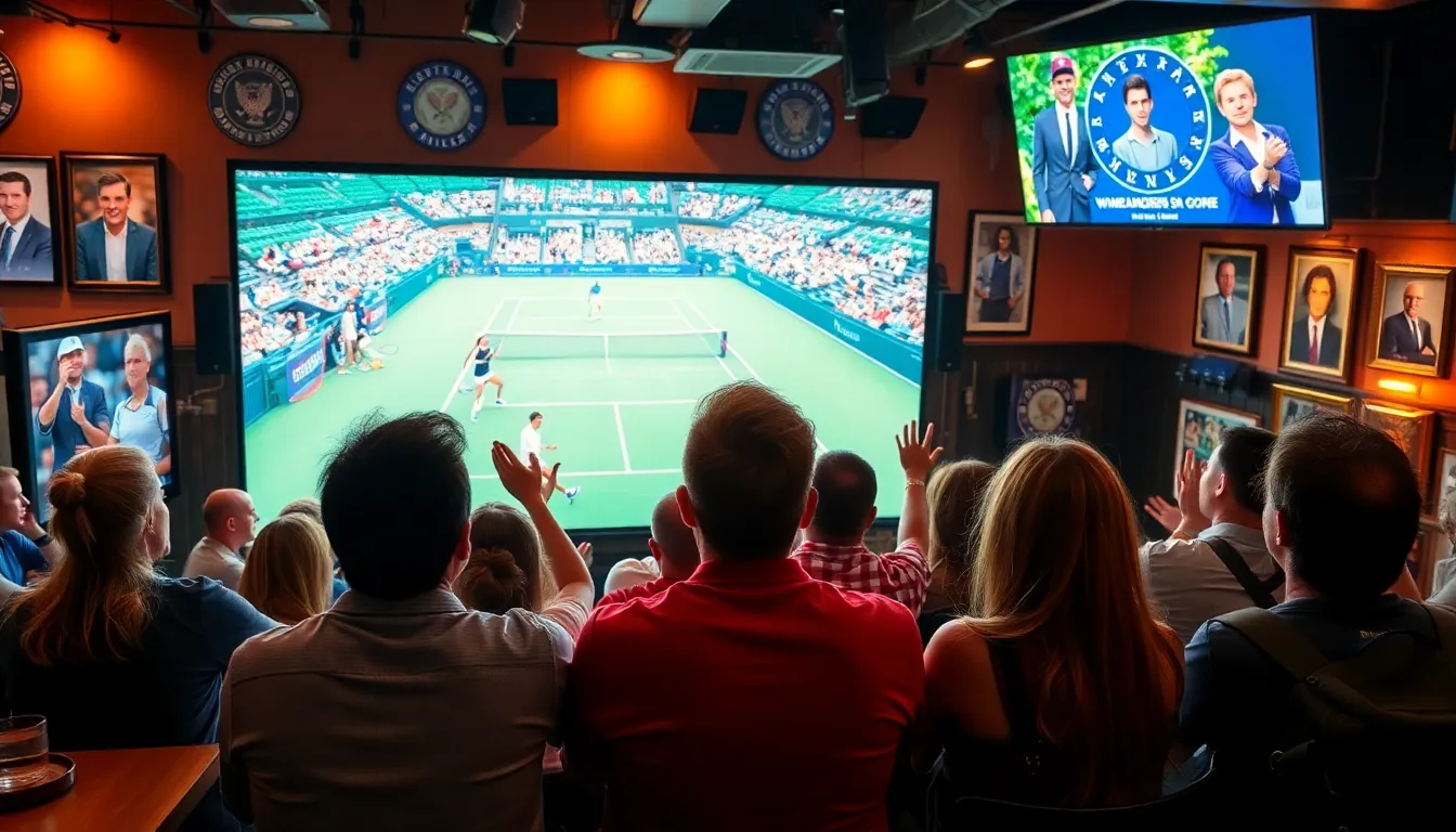 Engaged fans watching a tennis match in a modern sports bar.