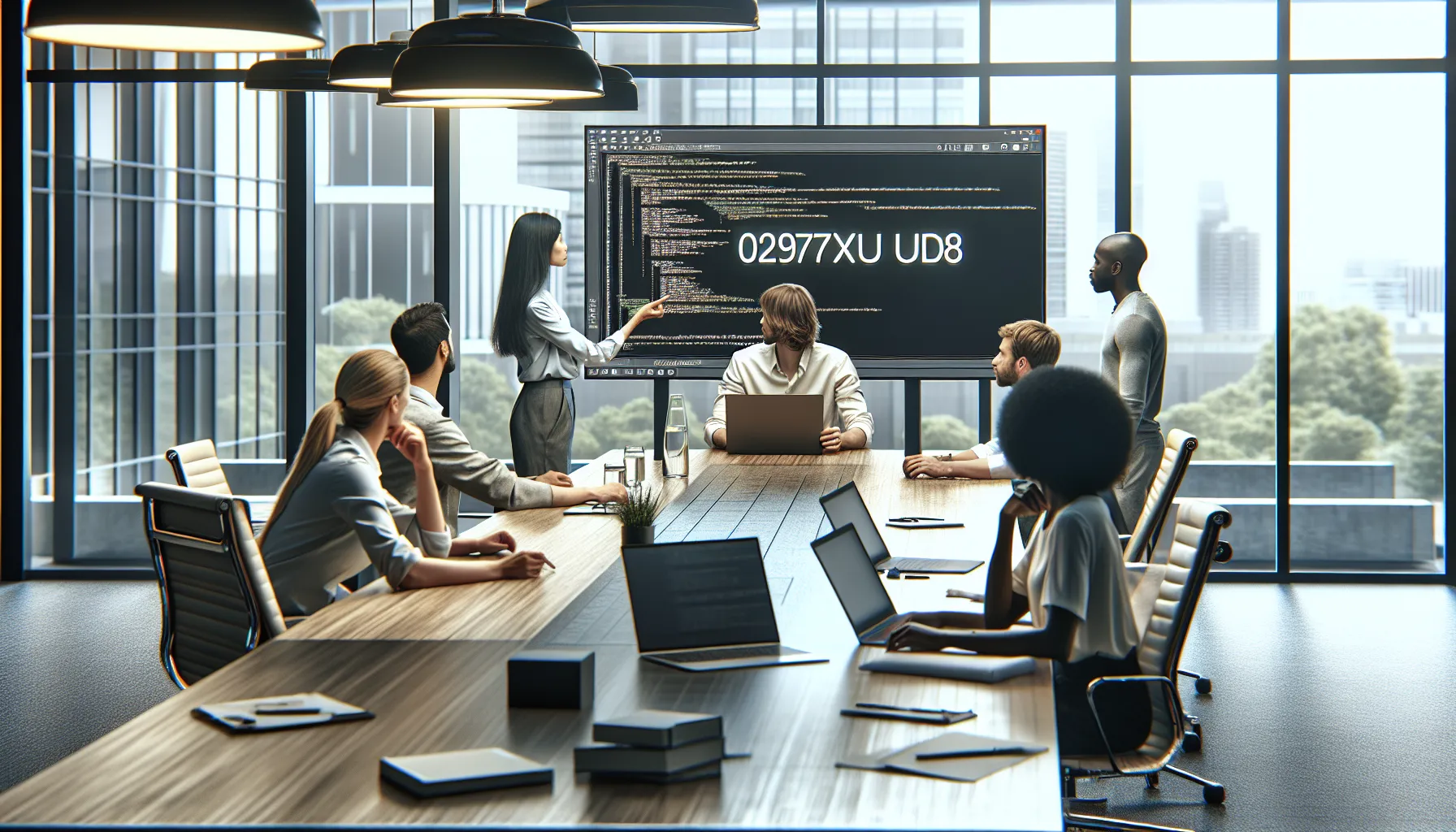 developers collaborating over a Python software issue in a modern office.