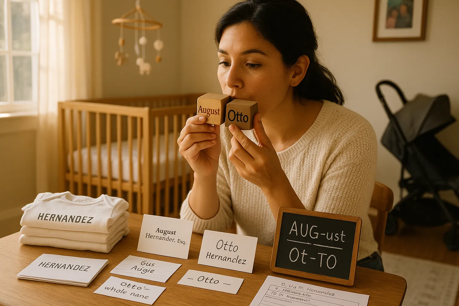 Mother comparing wooden name blocks labeled August and Otto in a sunlit nursery.