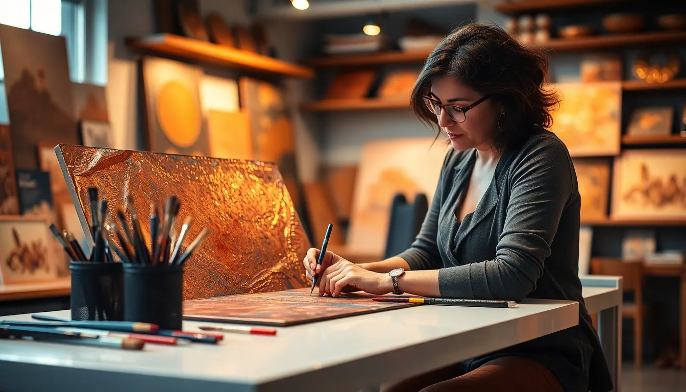 artist working on a copper canvas in a modern workshop.
