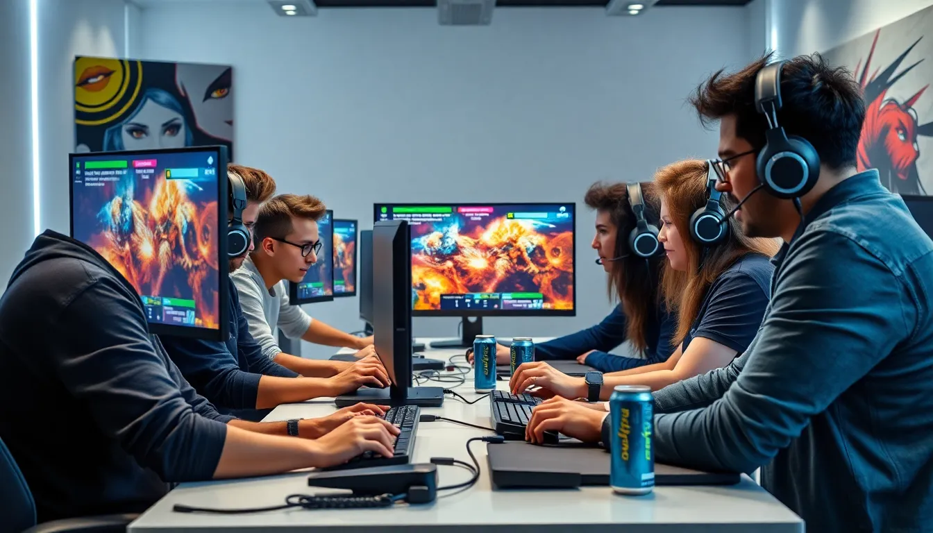 diverse gamers collaborating in a modern gaming setup.