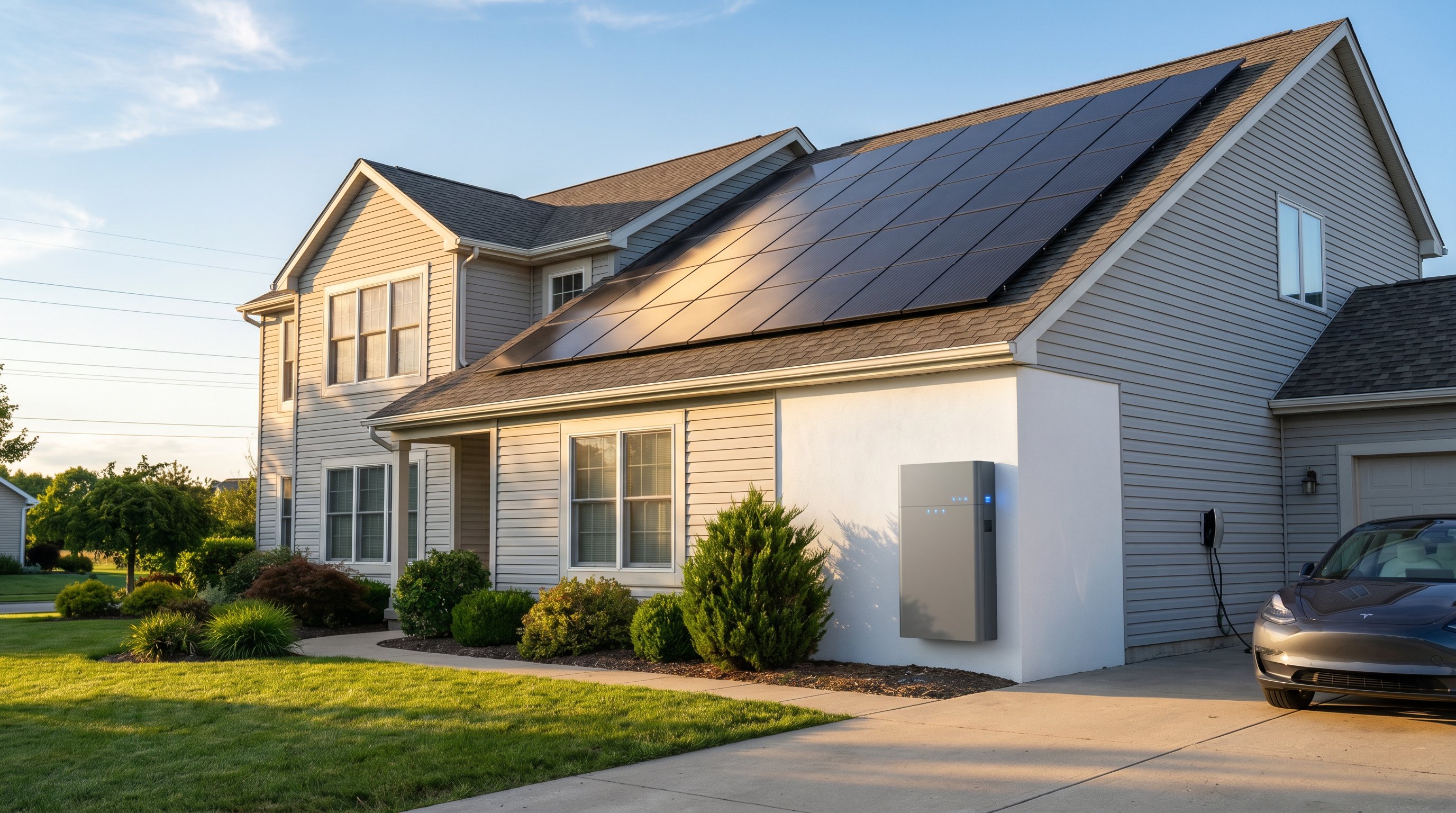 Suburban US home with rooftop solar panels and wall-mounted battery storage unit.