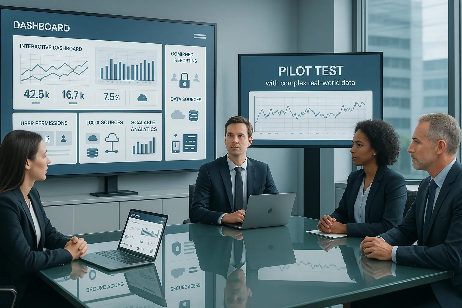 Professionals reviewing business intelligence dashboards in a modern enterprise office.