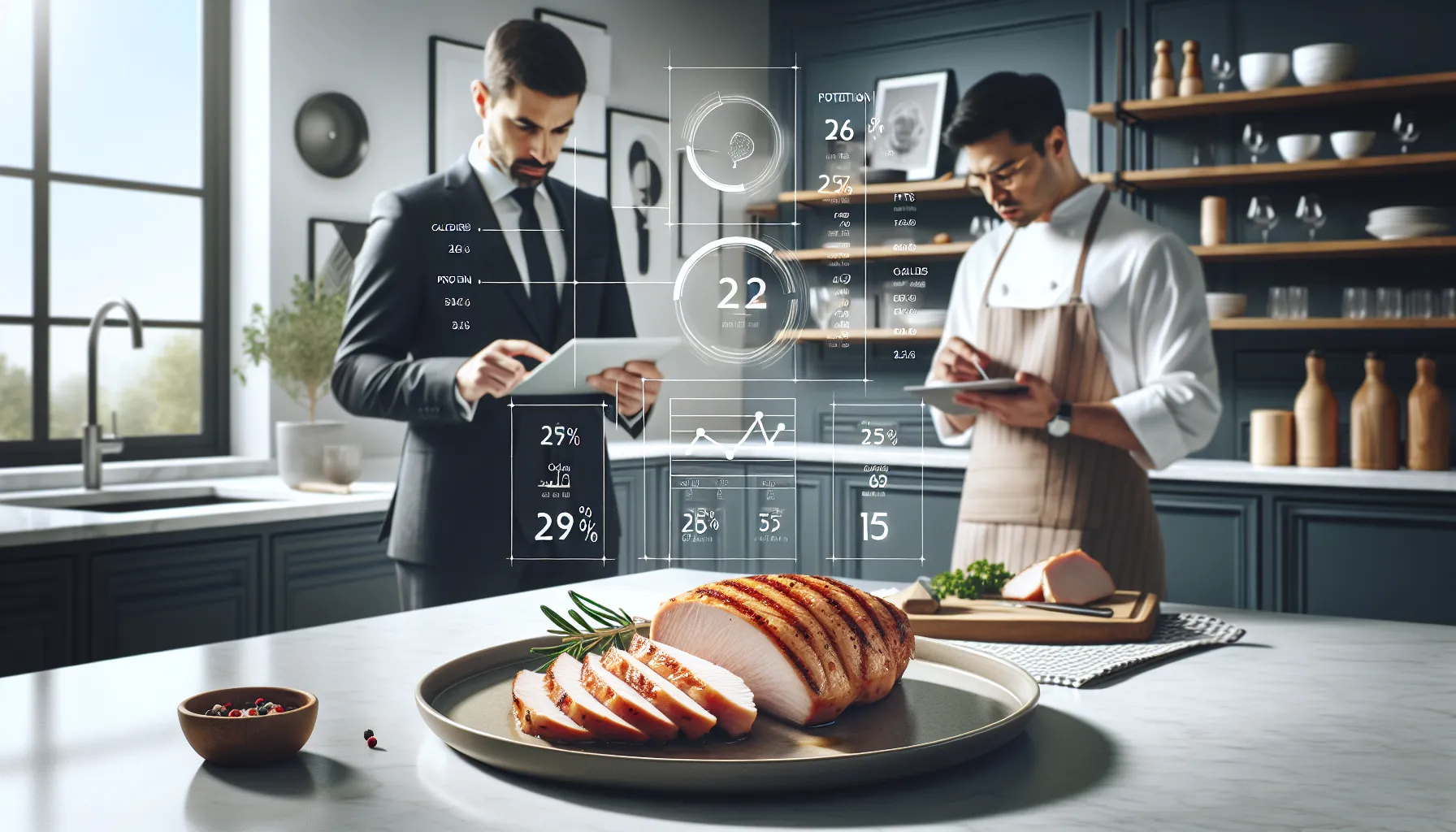 Sliced turkey breast and nutrition info in a bright modern kitchen.