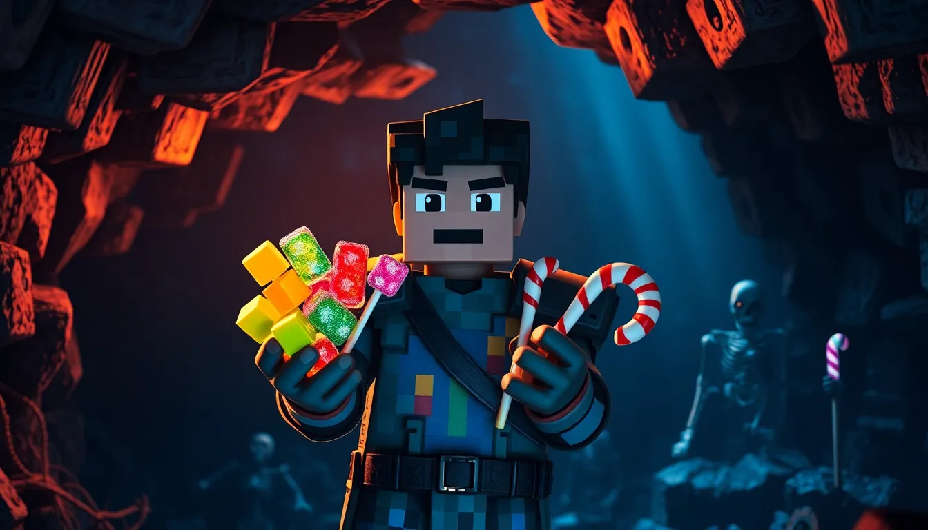 gamer in a Minecraft cave holding colorful candy.