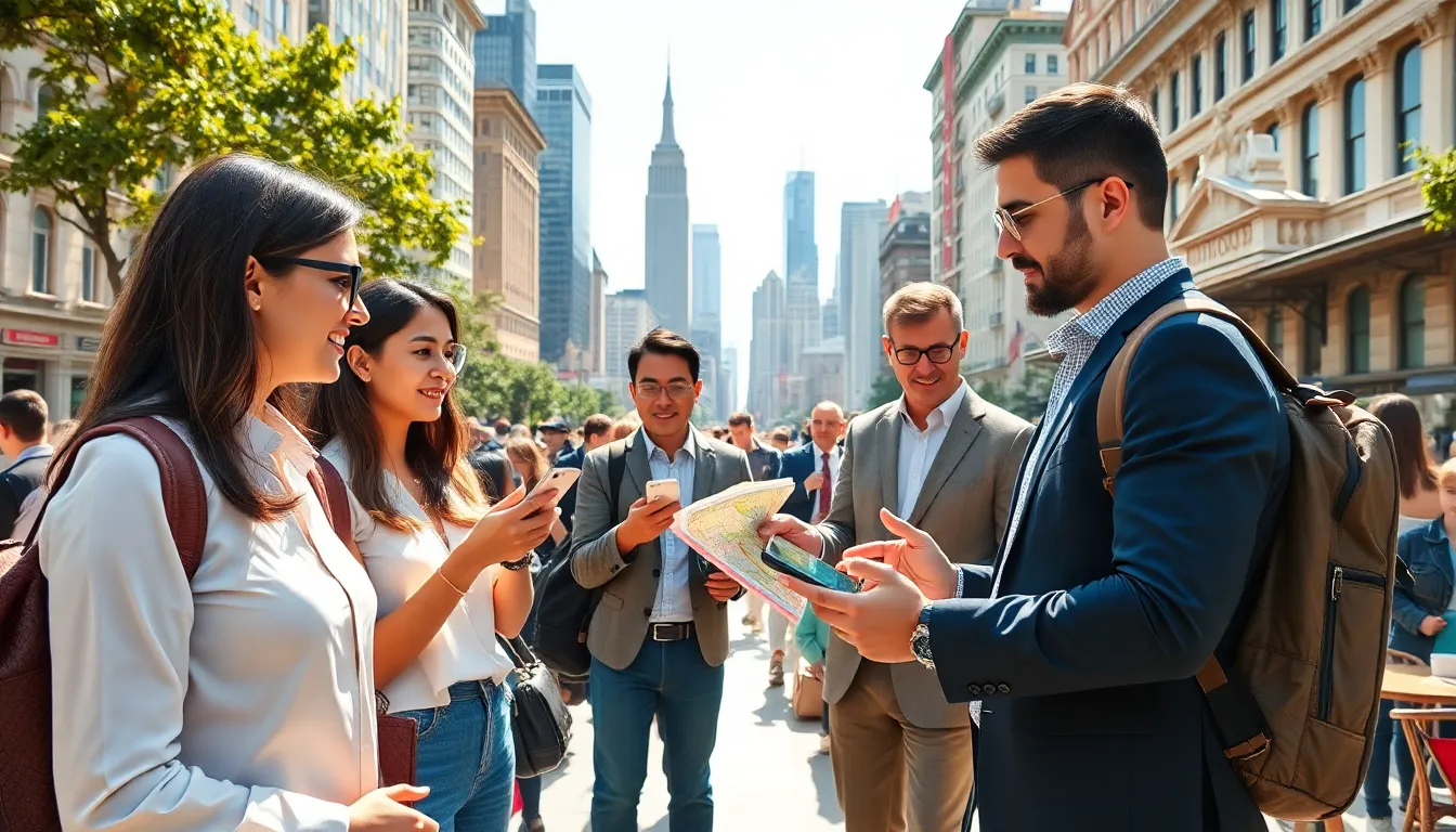 diverse group of tourists exploring a vibrant U.S. city.