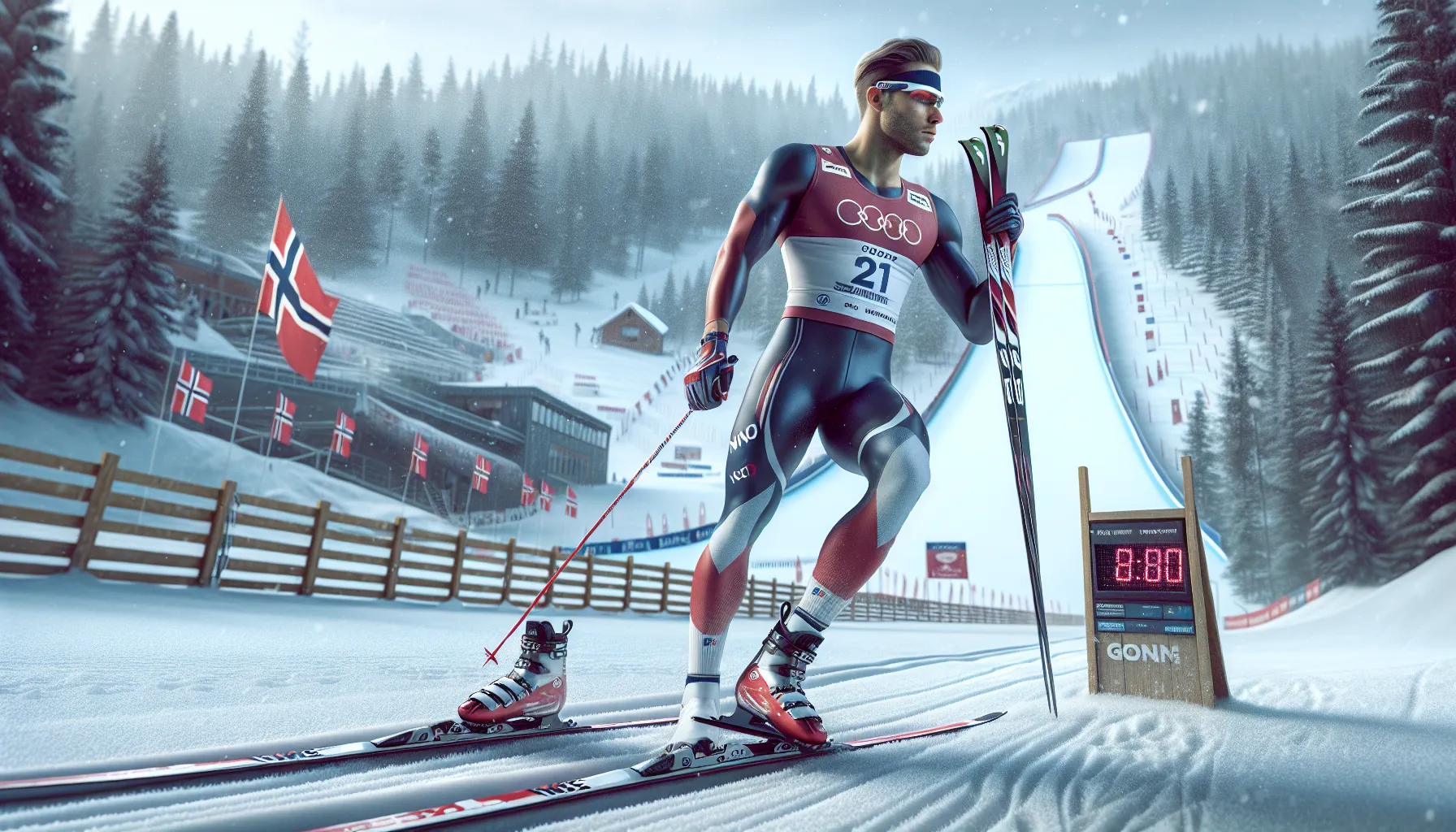Nordic combined skier poised at gundersen start, between ski jump and ski track.