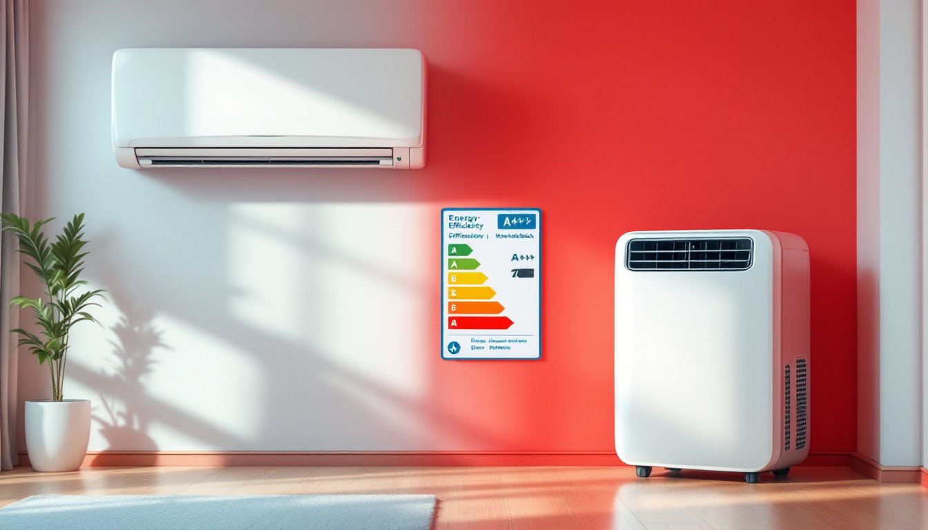Side-by-side comparison of a wall-mounted split air conditioner and a portable monoblock unit indoors.