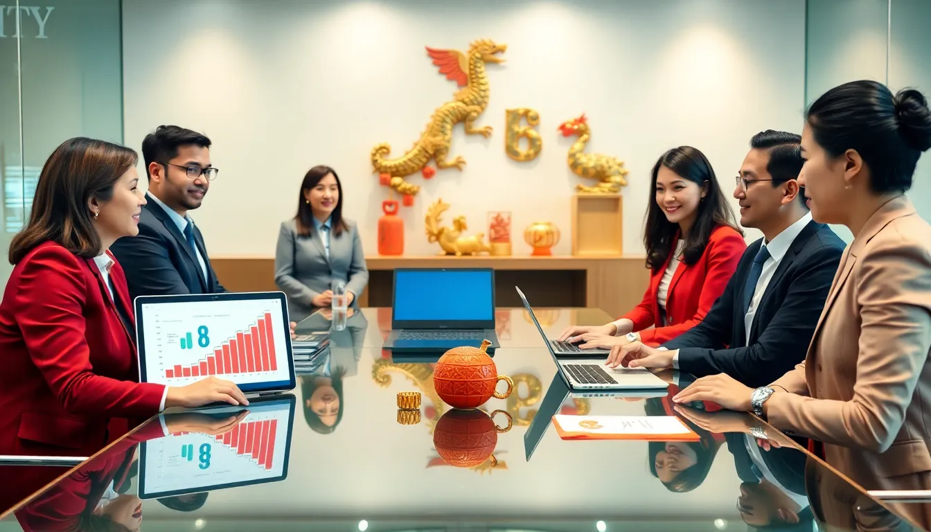 business professionals discussing Chinese cultural significance in a modern office.