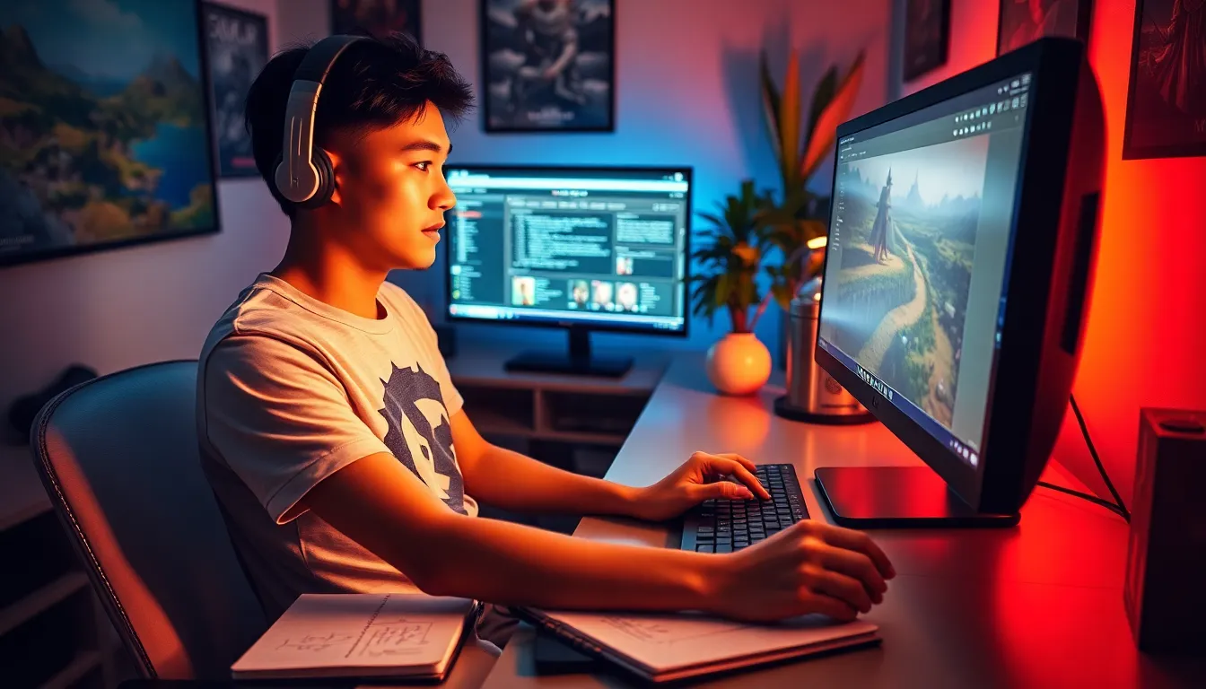 A young male gamer creating characters using Ck2generator on his computer.