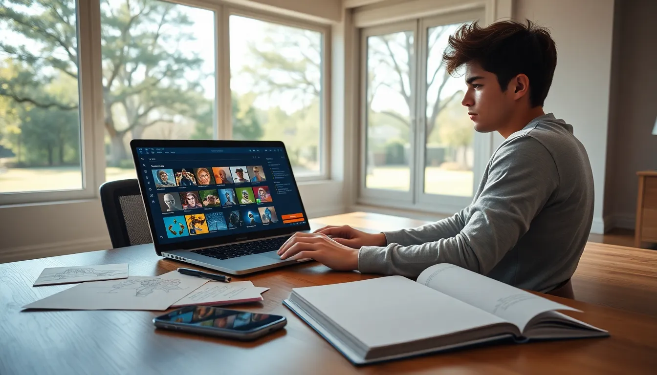 A young man using Ck2generator software for game development at his desk.