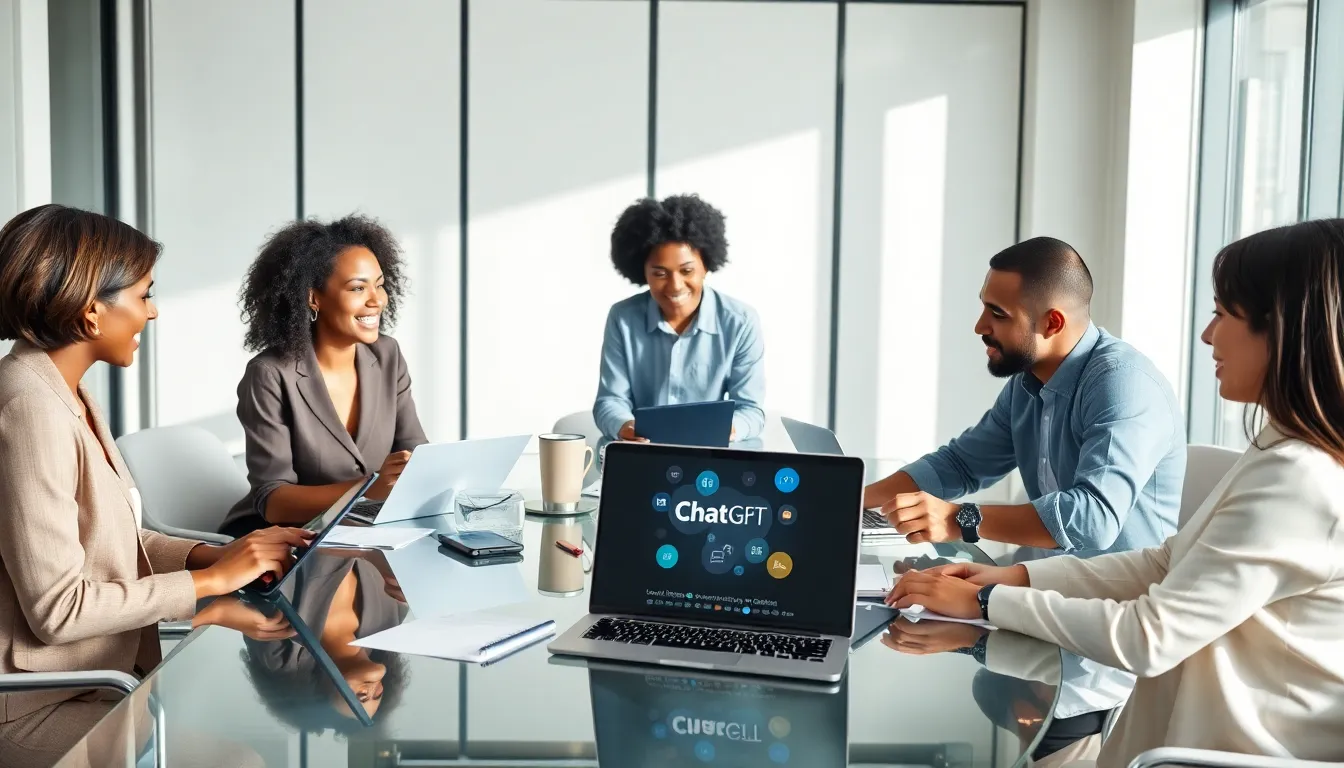 diverse team collaborating in a modern office, using ChatGPT for productivity.