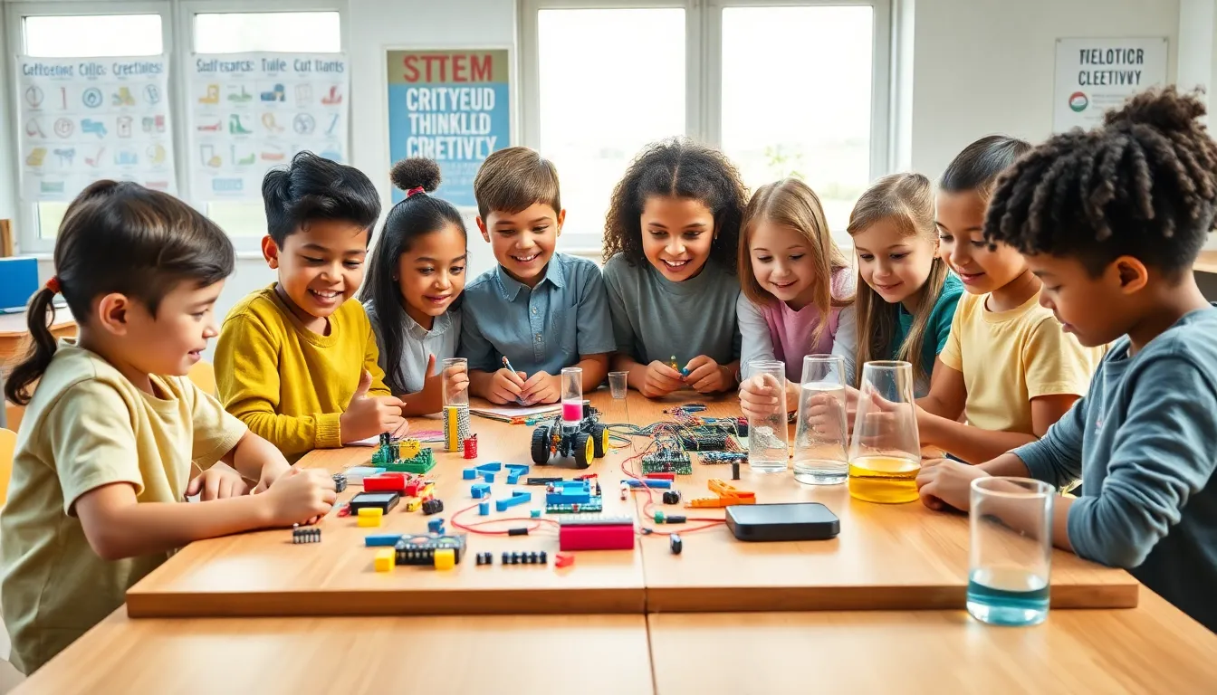 children engaged in hands-on STEM projects in a bright classroom.