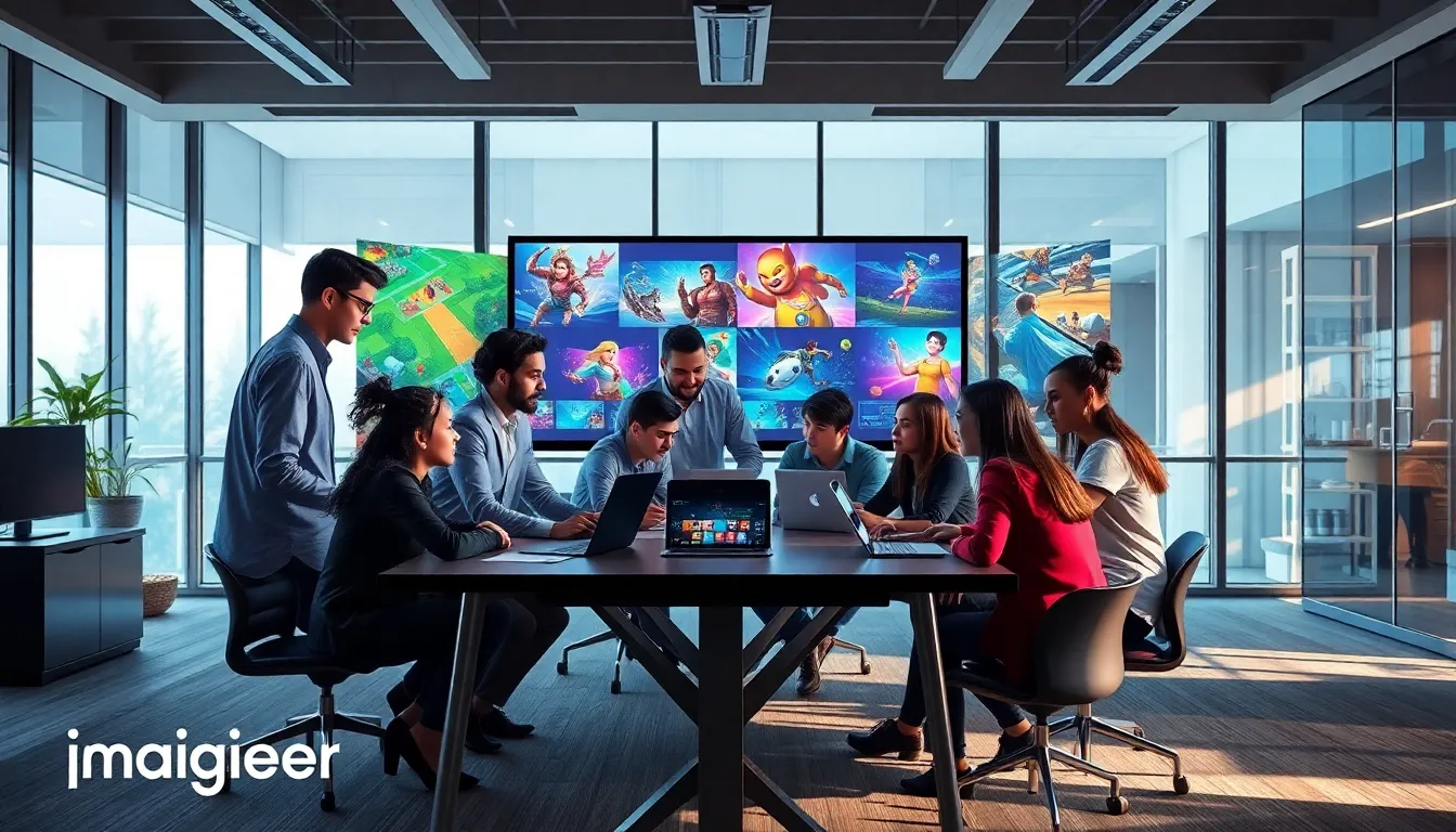 diverse team collaborating on game design in a modern office.