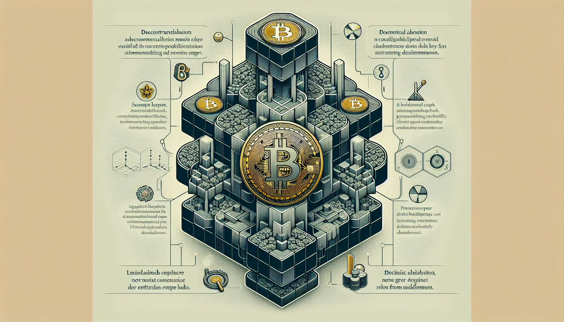 Vertical diagram of Bitcoin's blockchain structure, scarcity, security, and peer-to-peer value transfer system.