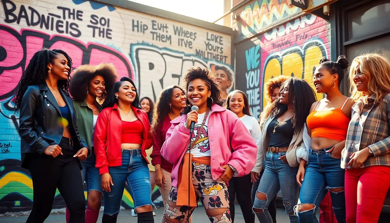 diverse women in stylish outfits celebrating empowerment in an urban setting.