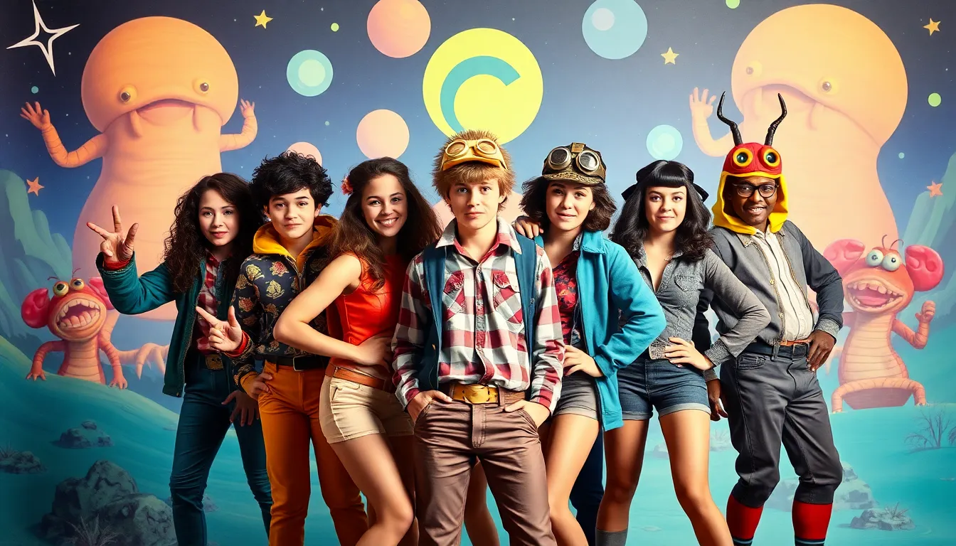 diverse teenagers in retro sci-fi costumes from a classic film.