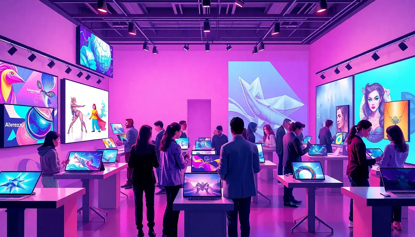 diverse digital artists showcasing their work in a vibrant marketplace.