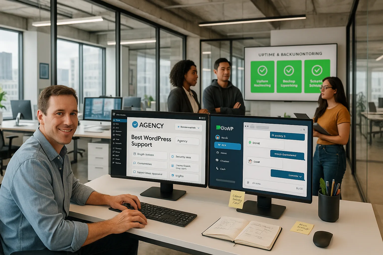 Agency team using white-label WordPress support dashboard and chat tools in a modern office.