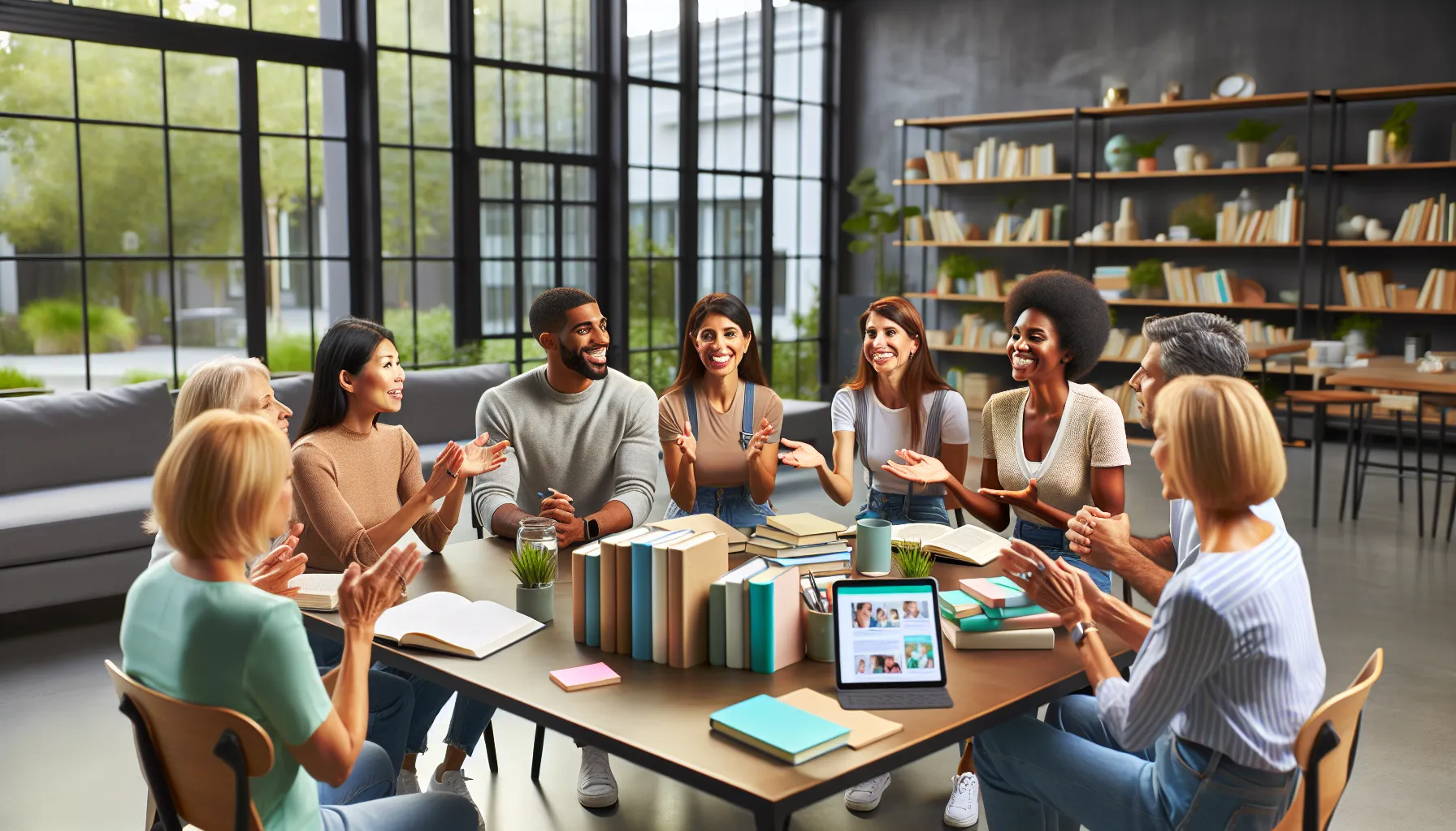 diverse parenting experts collaborating in a modern office space.