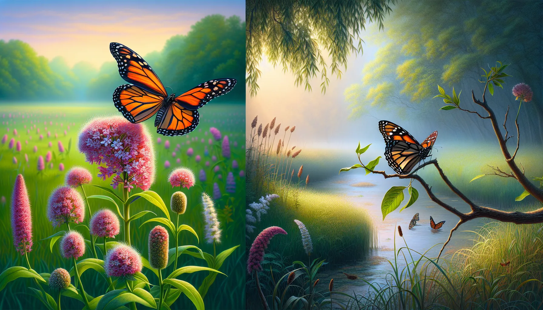A Monarch and a Viceroy butterfly in distinct natural habitats