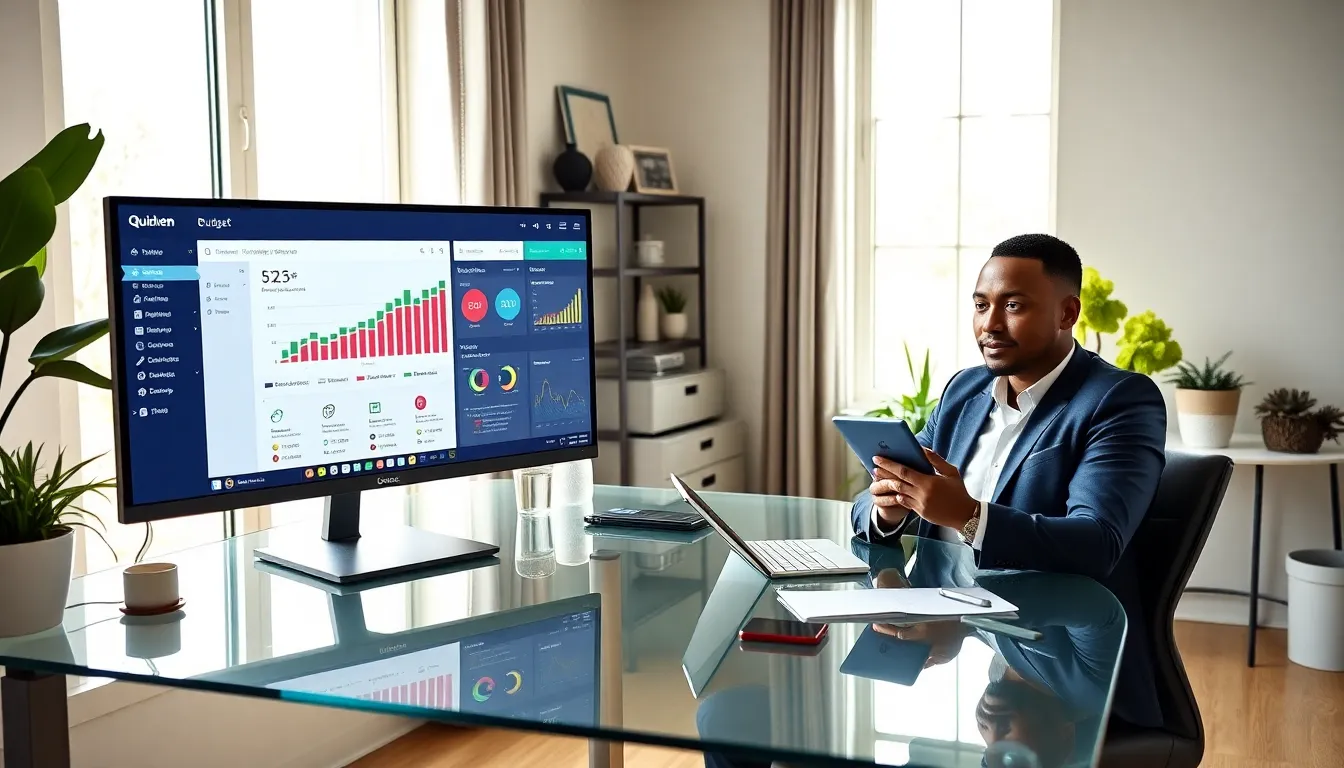 Person using Quicken budgeting software in a modern home office.