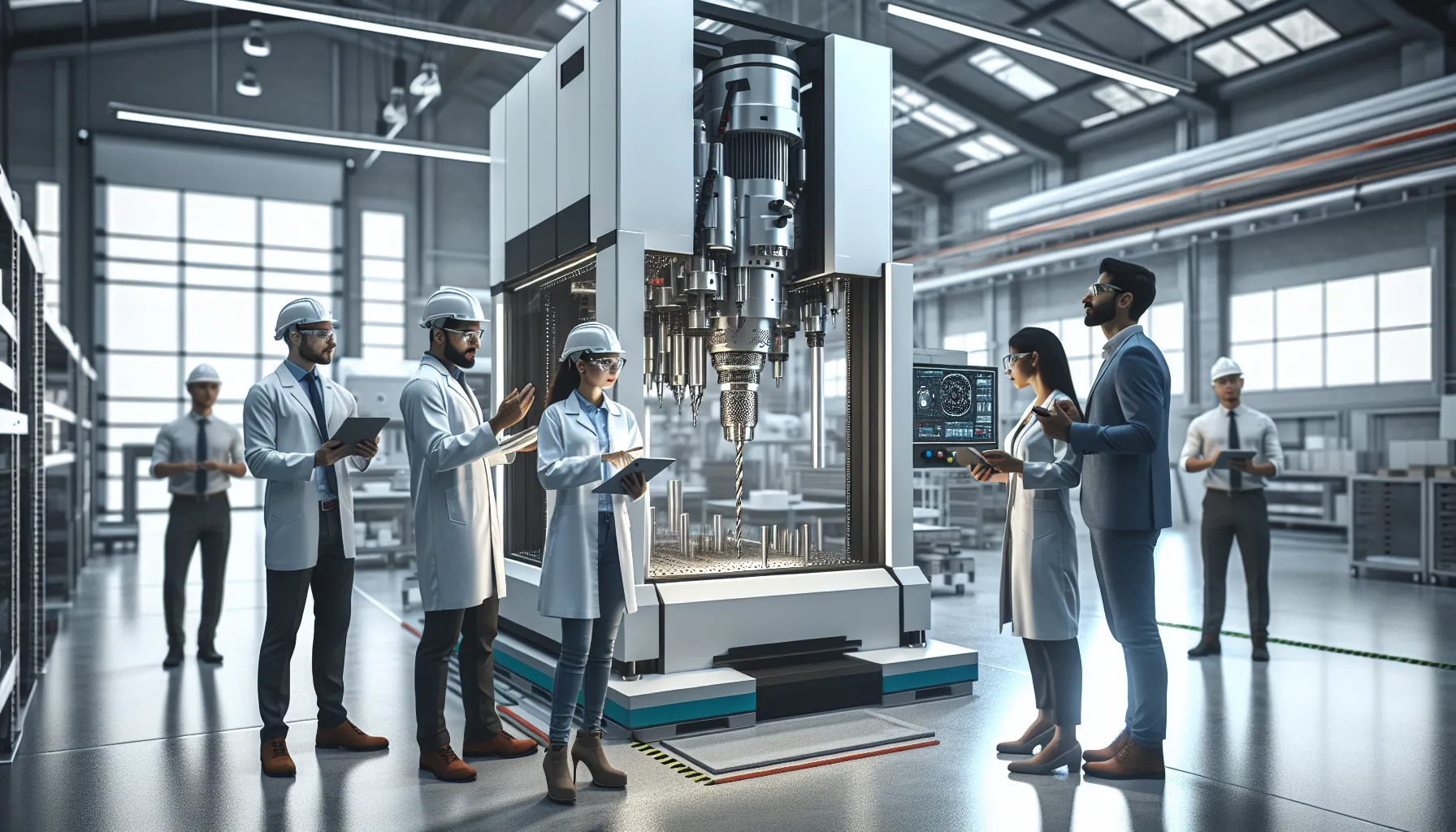 diverse team showcasing advanced drilling technology in an industrial environment.
