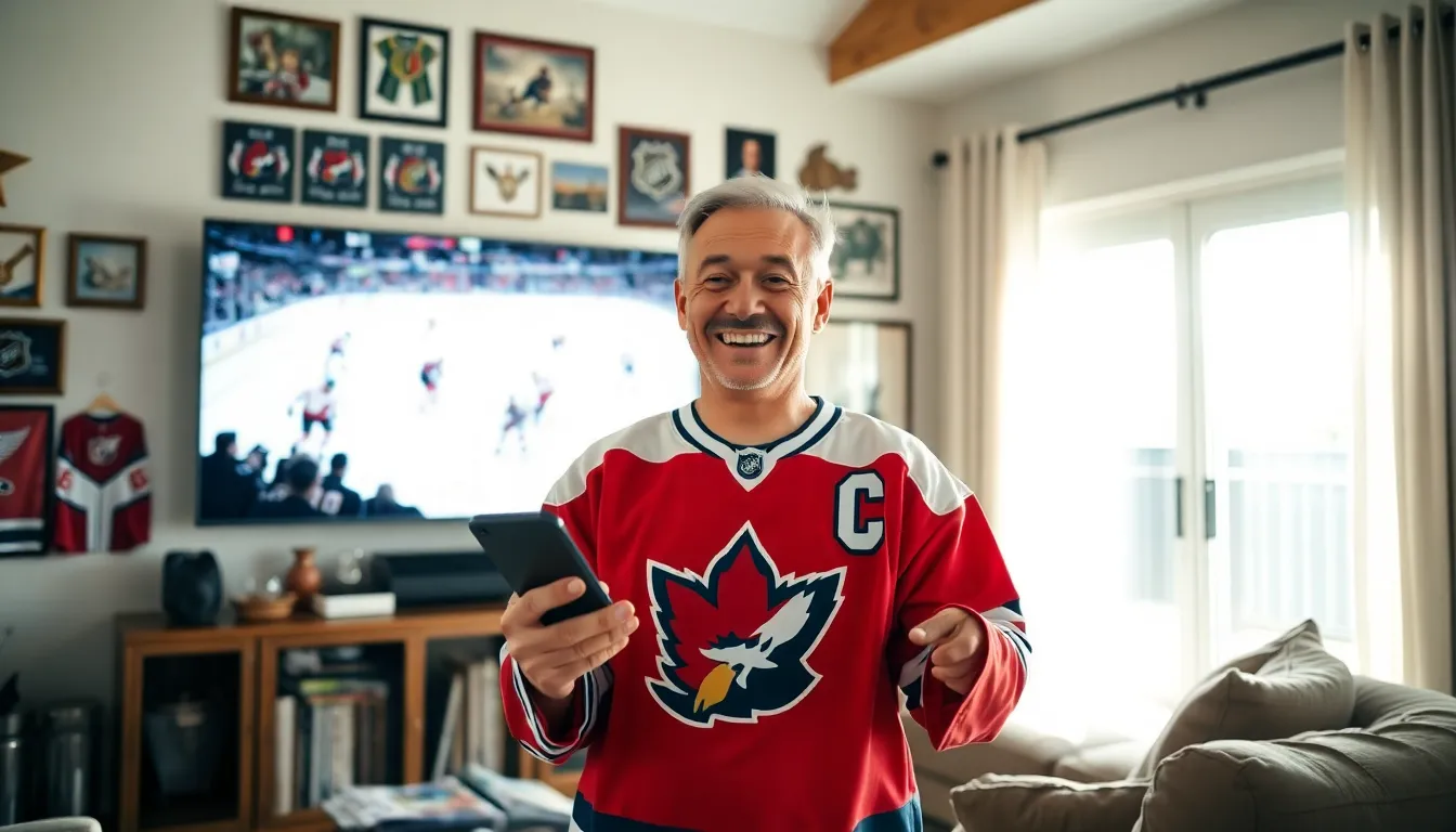 A hockey fan checking updates while watching a game in his living room.