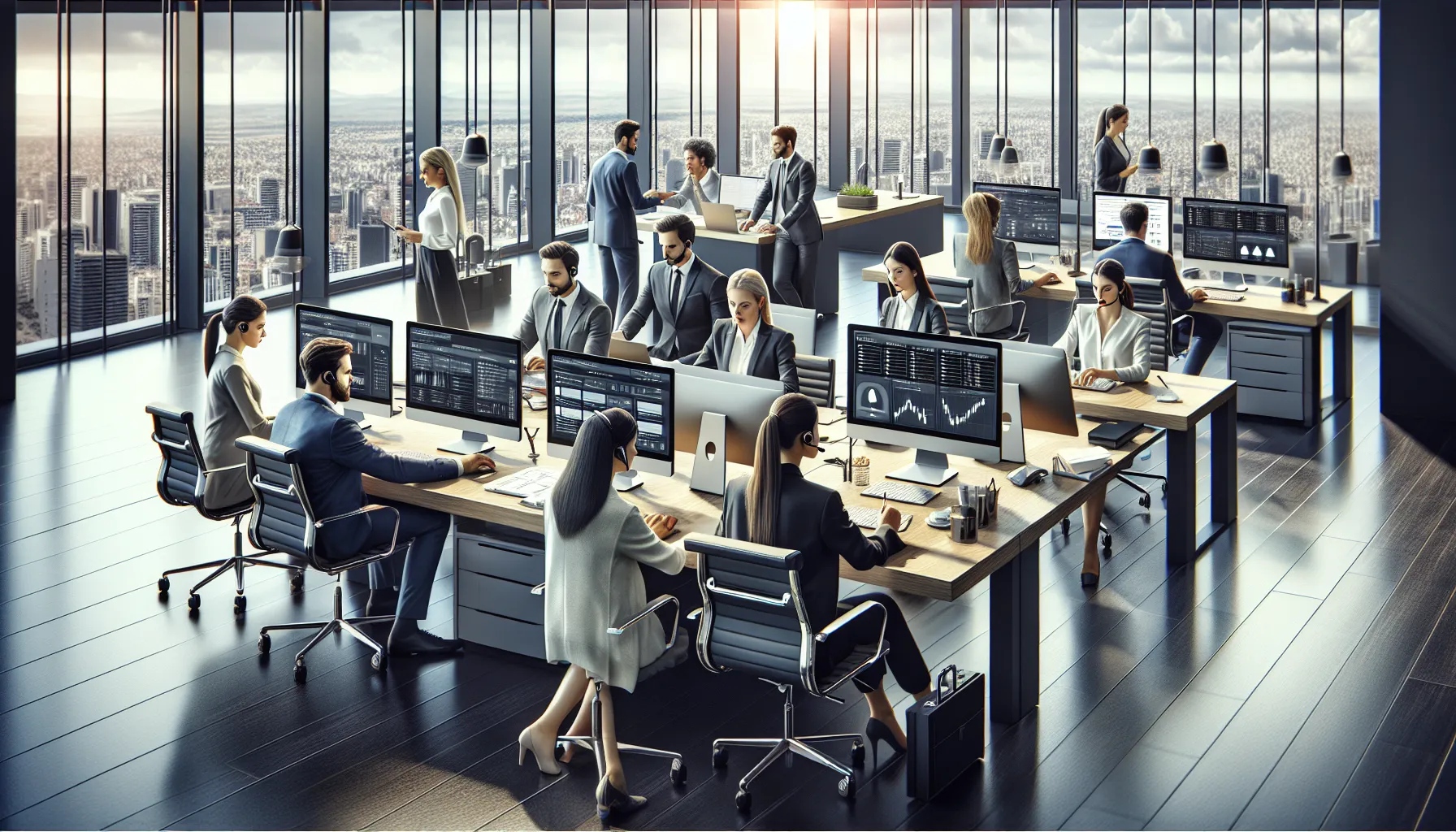 Support team in a modern office engaging in customer assistance.