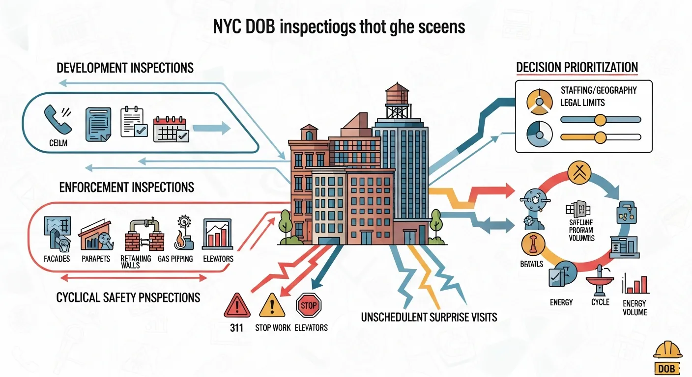 Diagram showing NYC DOB inspection types and hidden prioritization factors affecting buildings.