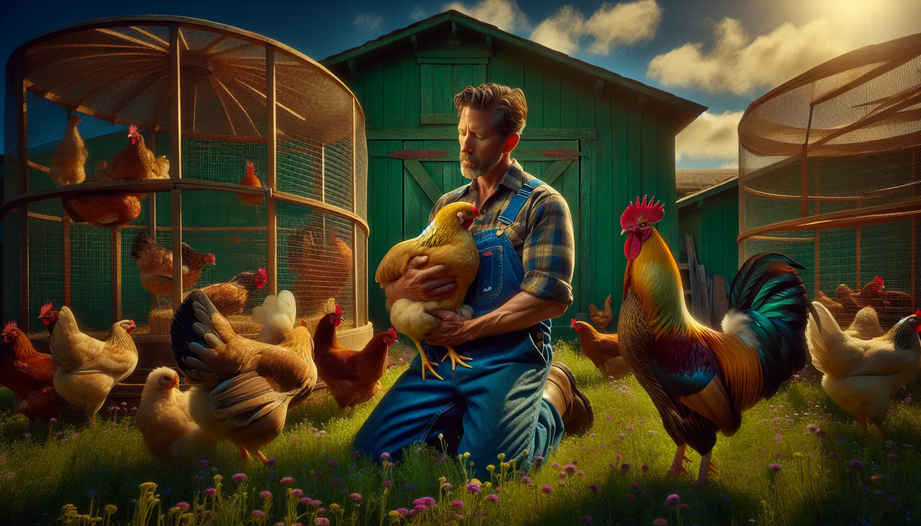 A farmer examining a hen with a rooster in a sunny backyard.