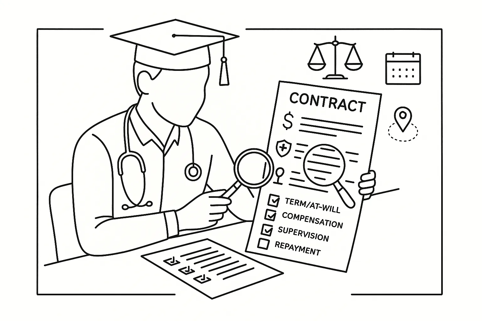 New graduate physician assistant examining an employment contract with a magnifier of New Graduate Physician Assistant Contract Review.