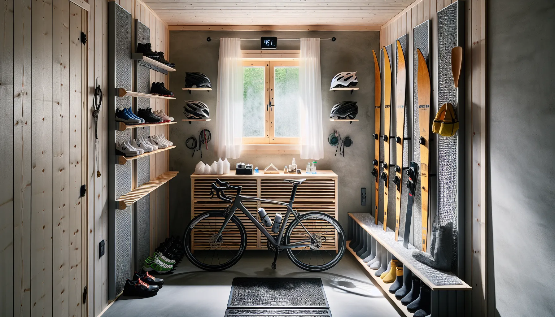 Slik lagrer du sportsutstyr uten å skade det 1 Organized norwegian gear wall storing sports equipment correctly to prevent damage.