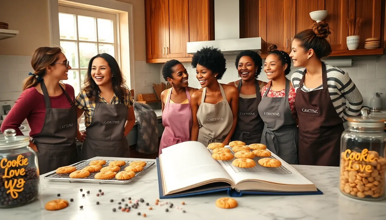 diverse bakers joyfully making cookies in a cozy kitchen.
