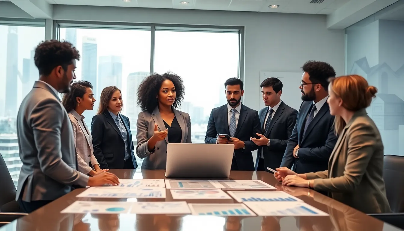 diverse professionals discussing financial strategies in a modern office.