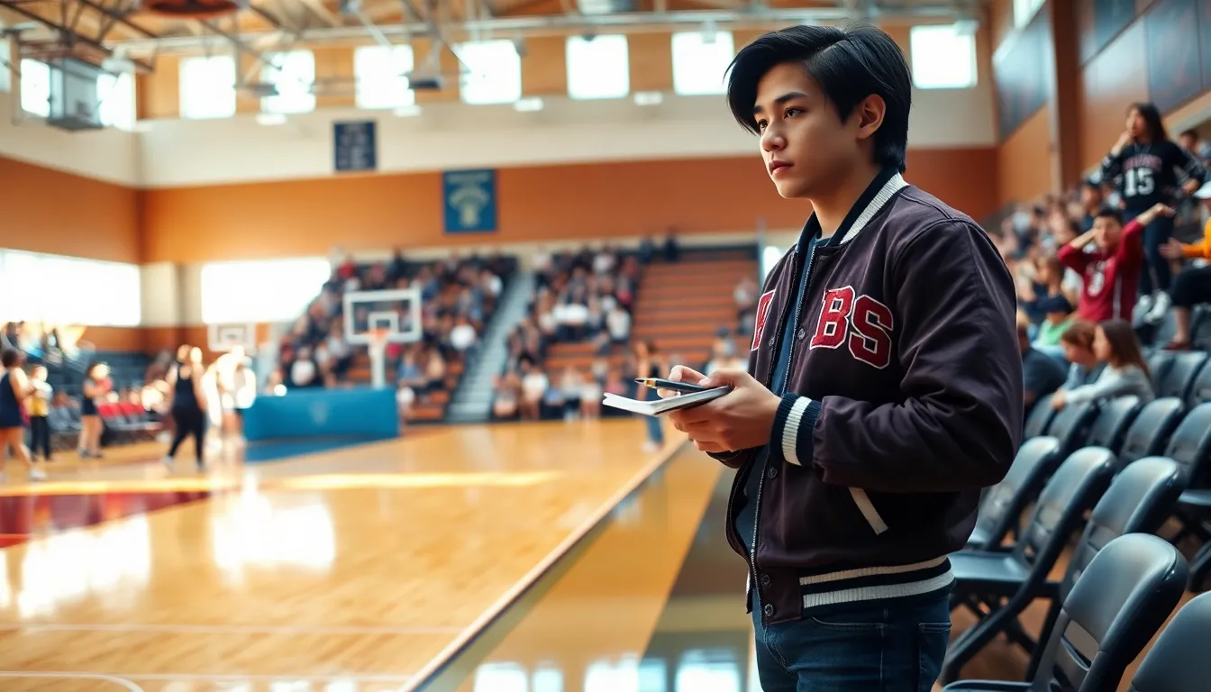 A young athlete and writer observing a basketball game in a high school gym.