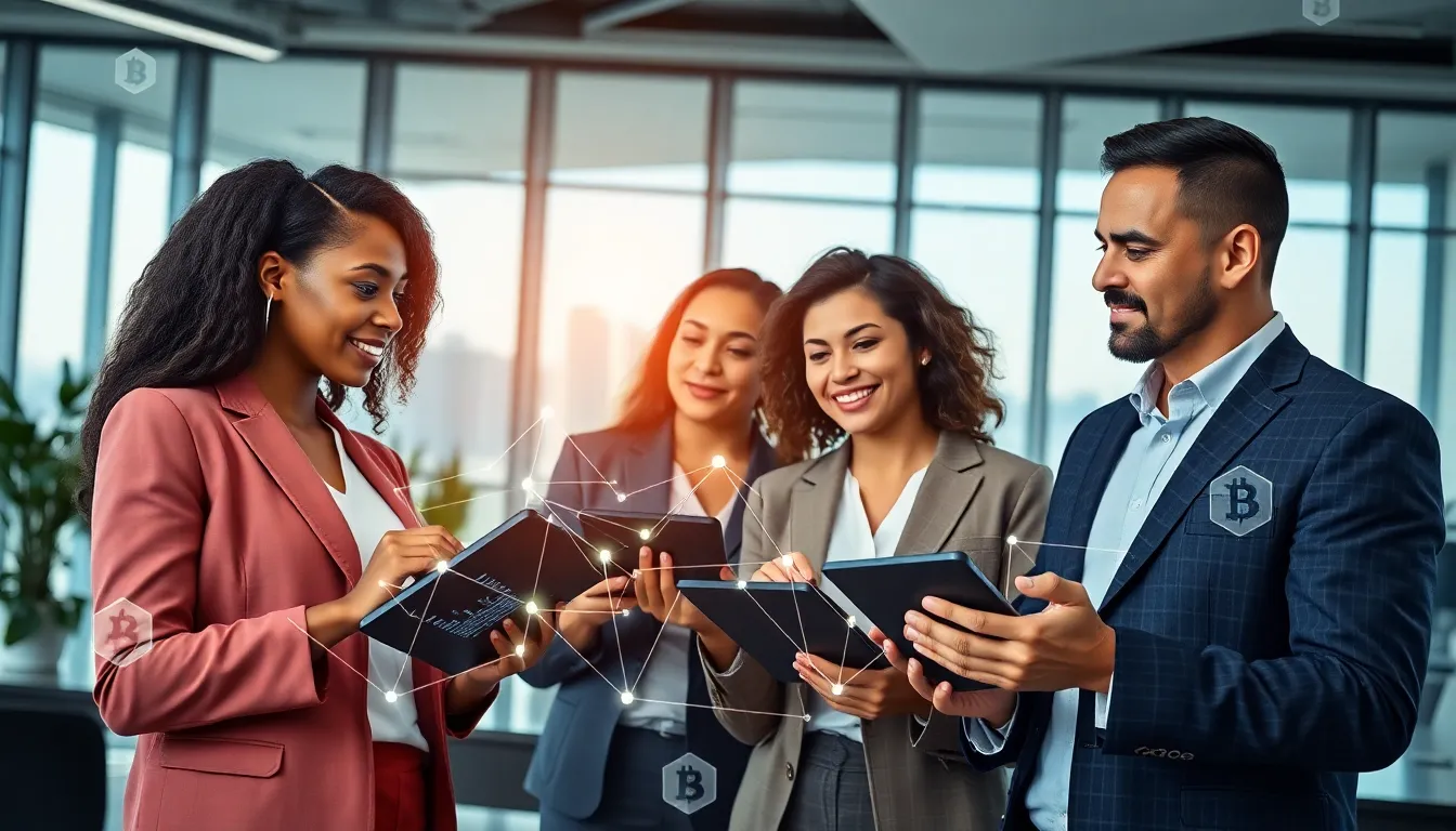 professionals discussing blockchain technology in a modern office.
