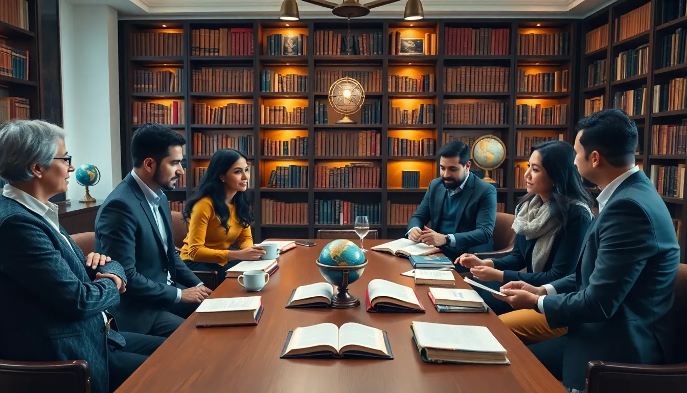 scholars discussing the concept of вуузду in a modern library.