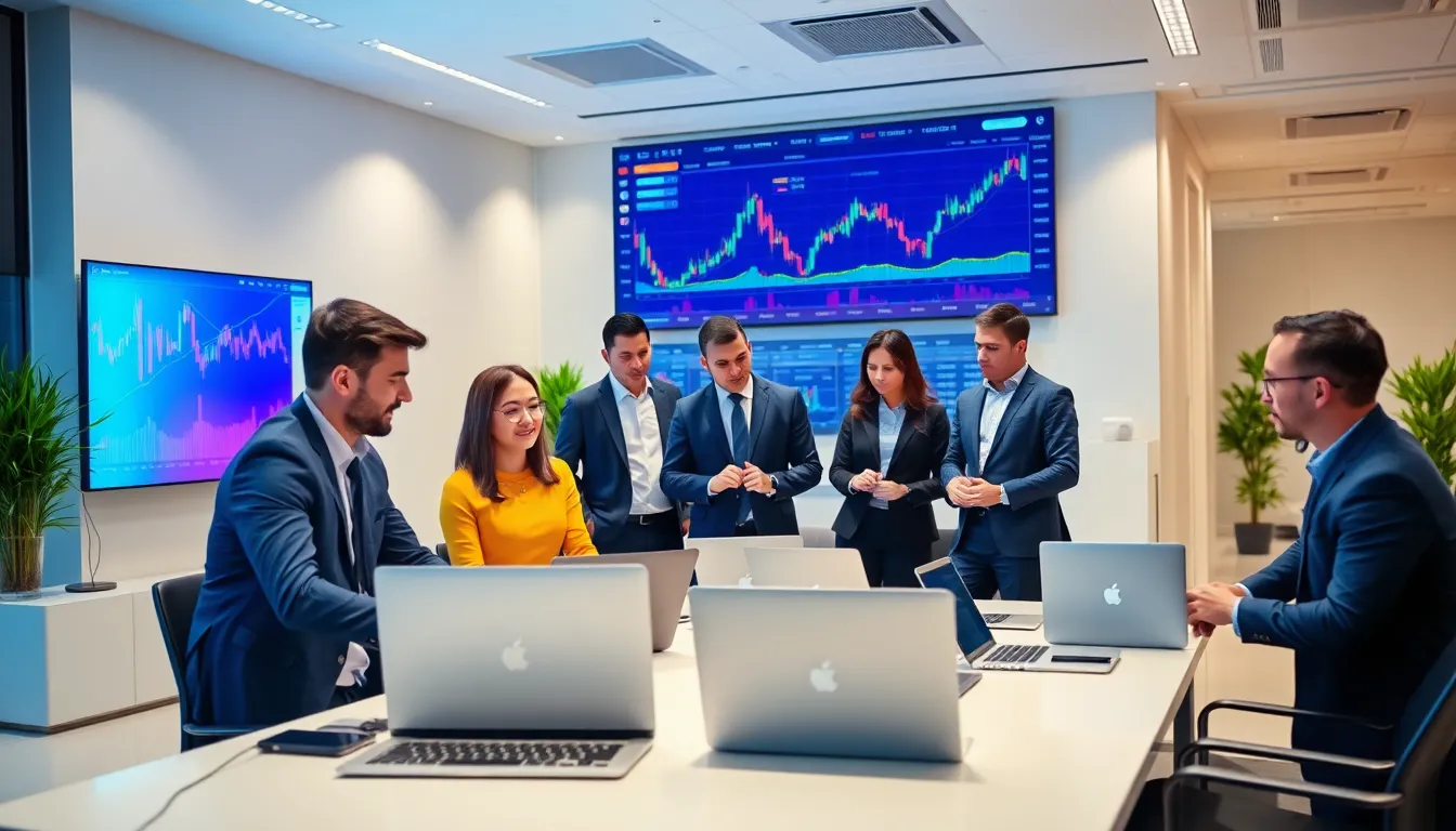 diverse team collaborating on cryptocurrency trading in a modern office.