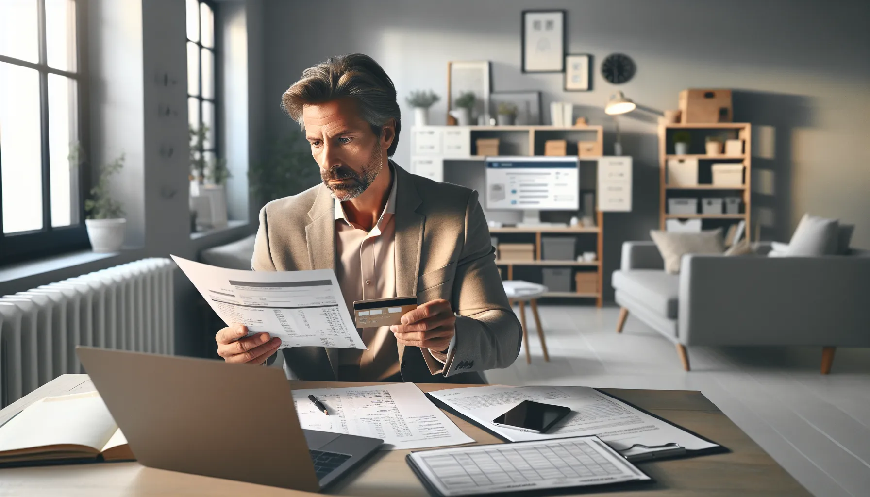 Person reviewing Diners credit card statement at desk with laptop
