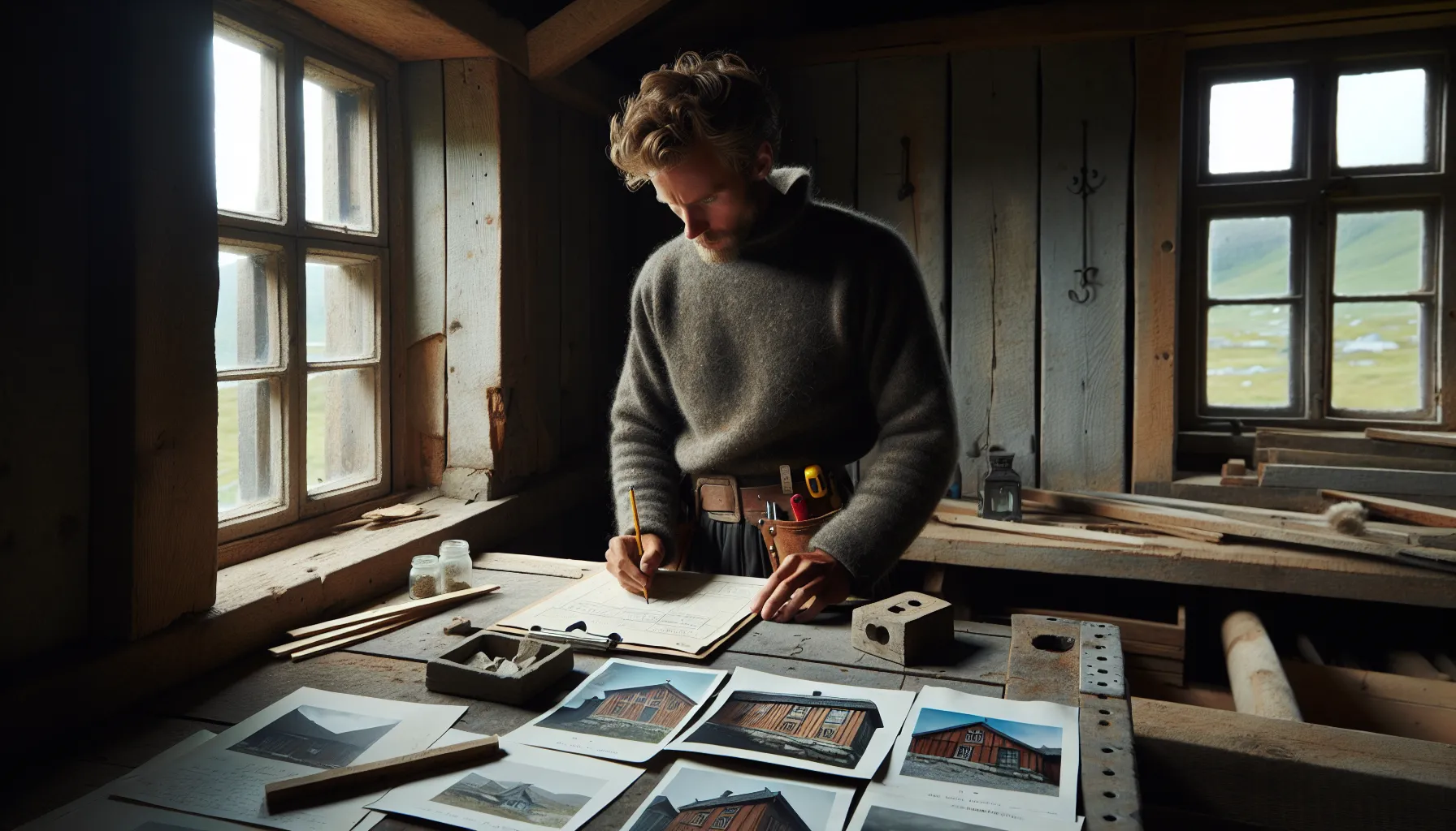 Planner reviews restoration documents beside preserved original trim inside an old norwegian house.