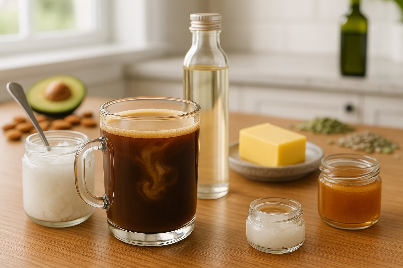 Coffee with coconut oil beside MCT oil, butter, ghee, avocado, and nuts.