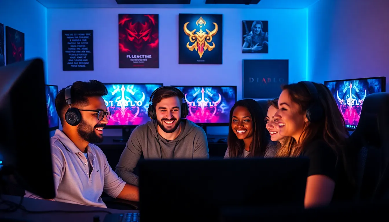 diverse gamers collaborating in a vibrant gaming studio.